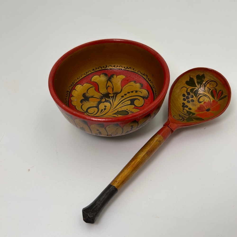 Khokhloma Bowl & Spoon Set Unisex OS Red Gold Hand Painted USSR Folkcore Vintage